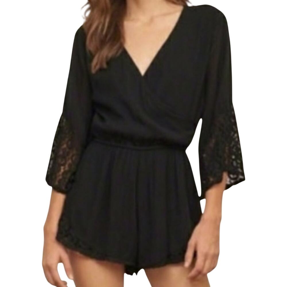 Abercrombie Romper Size S Surplice Crochet Lace Bell Sleeve Black Crossover Boho